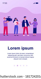 Female journalists with microphones interviewing man. Operator shooting reporters conversation with male character. Vector illustration for news, reportage, mass media concept