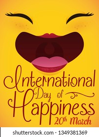 Female joy expression laughing because it's happy with greeting and date over a yellow background, ready to celebrate International Day of Happiness in March 20.