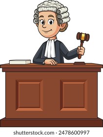 Female judge behind courtroom desk vector illustration