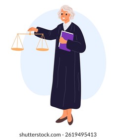 Juíza feminina de manto preto detém arquivo judicial e escalas judiciais. Autoridade legal para a punição de crimes. Mulher de pé em uniforme de processo judicial tribunal. Saldo da jurisdição