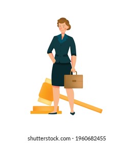 Female judge with briefcase and image of gavel flat icon vector illustration