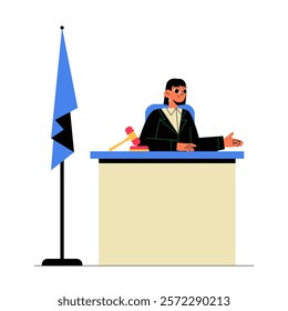 Female Judge At Courtroom Desk In Flat Vector Illustration Symbolizing Law, Justice, And Legal Decision Making, Isolated On White Background