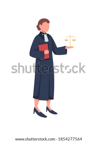 Female judge flat color vector faceless character. Law, justice. Supreme court. Woman with scales. Legal tribunal. Courthouse trial isolated cartoon illustration for web graphic design and animation