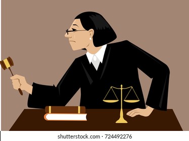 Female judge with a gavel presides over court proceeding, EPS 8 vector illustration