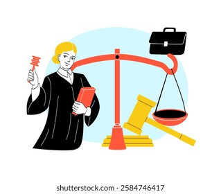 Female judge holding a gavel and book near justice scale with legal symbols on a light blue background. Concept of law and court system