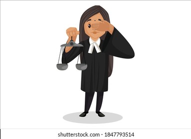 Female judge is holding scales and covering his eyes with a hand. Vector graphic illustration. Individually on white background.