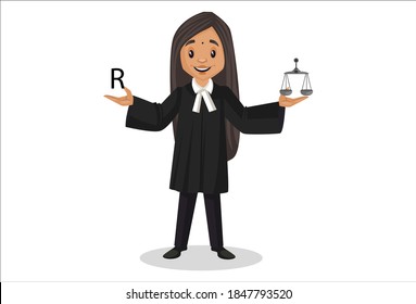 Female judge showing scales. Vector graphic illustration. Individually on white background.