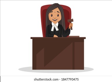 Female judge is sitting on a chair and holding a hammer in hand. Vector graphic illustration. Individually on white background.