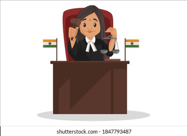 Female judge is sitting on a chair and holding a hammer and scales in hands. Vector graphic illustration. Individually on white background.