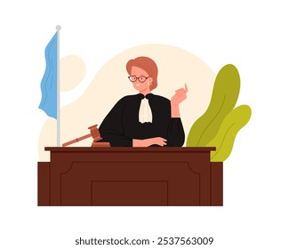 Female judge sitting at table at court hearing, gavel on desk vector illustration
