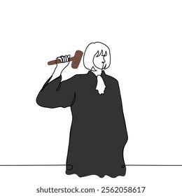 female judge swinging gavel standing - one line art. concept woman in black judge uniform with white collar announcing verdict, justice