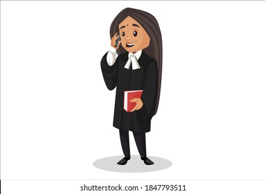 Female judge is talking on a mobile phone and holding a book in hand. Vector graphic illustration. Individually on white background.