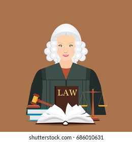 Female judge in wig with Law and justice set icon, Scales of justice, gavel and books in flat style, Conceptual justice and law Vector illustration.