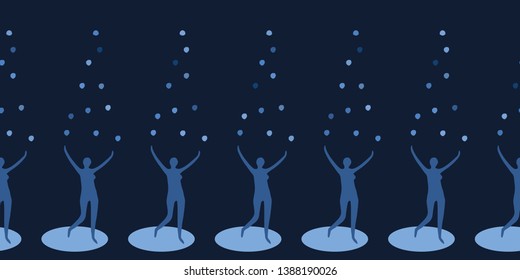 Female Juggler Figure Throwing Balls Into Air. Seamless Vector Border Pattern Background. Concept Of Joy, Balancing Act, Juggling Life Diversity. Woman Action Performer. Indigo Blue Navy Banner Ribbon