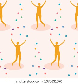 Female Juggler Figure Throwing Rainbow Color Balls Into Air. Seamless Vector Pattern Background. Concept Of Joy, Balancing Act, Juggling Life Diversity. Woman Action Performer, Flat Color Isolated. 