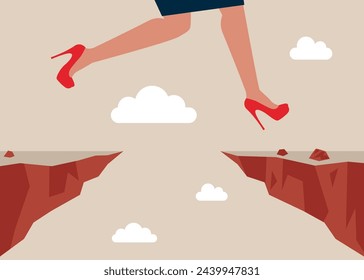 Female jump over the chasm. Jumping over abyss. Flat vector illustration.