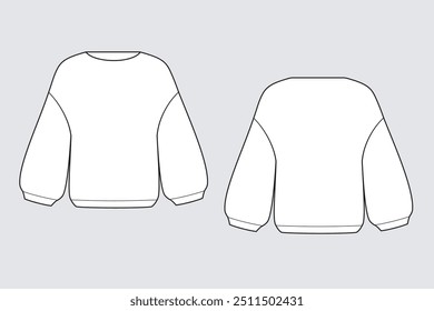 Female jumper, sweatshirt vector template isolated on a grey background. Front and back view. Outline fashion technical sketch of clothes model