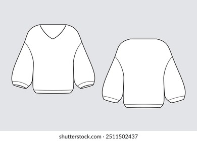 Female jumper, sweatshirt vector template isolated on a grey background. Front and back view. Outline fashion technical sketch of clothes model