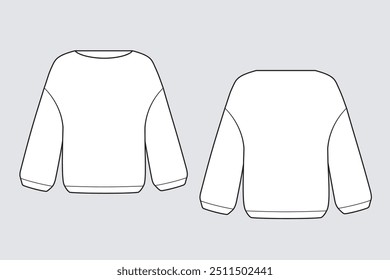 Saltador feminino, moldura de vetor de moletom isolado em um fundo cinza. Vista frontal e traseira. Esboço técnico da moda do esboço da roupa do modelo