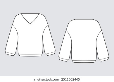 Female jumper, sweatshirt vector template isolated on a grey background. Front and back view. Outline fashion technical sketch of clothes model