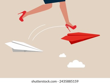 Female jumping paper white plane to another red paper plane. Find new business opportunities. Change job. Jump into a high paying job. Vector illustration