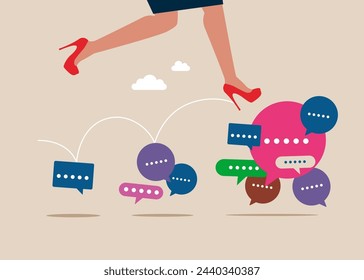 Weiblich springt von kleinen zu großen Sprechblasen. Diskussion, Konversation, Meeting, Teamkommunikation. Vektorgrafik.