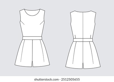 Female jumpsuit shorts vector template isolated on a grey background. Front and back view. Outline fashion technical sketch of clothes model.