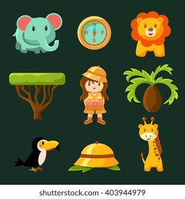 Female Jungle Explorer Collection Of Flat Vector Cartoon Style Isolated Cute Girly Drawings On Black Background
