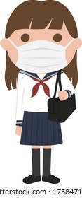 A Female Junior High School Student In Uniform. Illustration That Masks School Attendance To Prevent Infection.