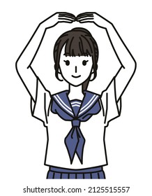 Female junior high school or high school students wearing sailor-style school uniform Gesturing OK