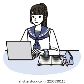 Female junior high school or high school students wearing sailor-style school uniform using the computer