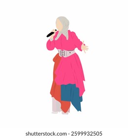 Female karaoke singer character wearing modern and fashionable clothes. Flat cartoon character vector with microphone in hand, signing songs and performing on stage. Music vocalist