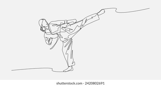 female karateka showing kicking technique. continuous one line drawing style. editable stroke. vector illustration