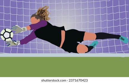 Female keeper in action. Jump to catch the ball. Women soccer and football goalkeeper