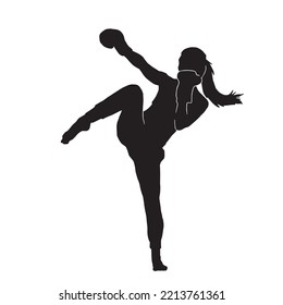 Female Kickboxing Vector Silhouette On White Background