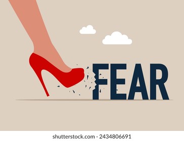 Female kicking hard the FEAR word. Overcoming fear concept. Flat vector illustration
