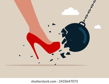 Female kicking hard the which protects from a collision with a broken wrecking ball. Safety measures. Insurance and protection. Flat vector illustration