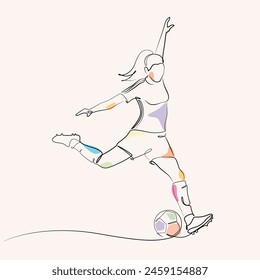 female kicking a soccer ball one line drawing. female playing mini soccer single line illustration. female shooting ball minimalist line art