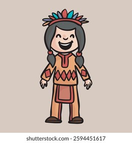 a female kid wearing Indian costume in outline flat vector design