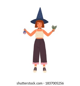 Female kid wizard holding beaker and herbs for preparing magic potion vector flat illustration. Cute girl in witch hat practicing wizardry isolated. Child demonstrate magical ingredients for witchery