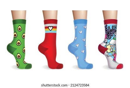 Female or kids legs in colorful socks with various pattern realistic set isolated vector illustration