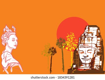 The female king and the ancient Khmer empire at sunset and palm trees.