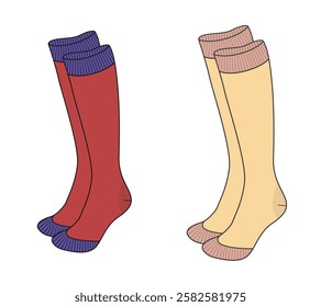 Female knee high socks technical flat sketch vector mockup illustration.
