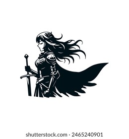 female knight in black simple Vector illustration 