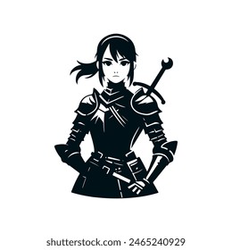 female knight in black simple Vector illustration 