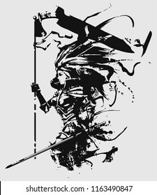 Female knight holding flag fluttering in the wind