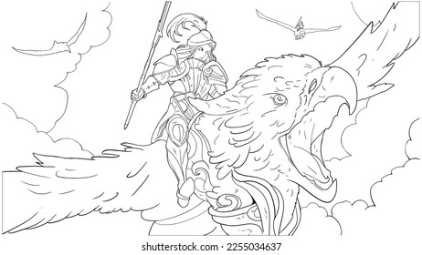 A female knight riding a huge griffin flies through the sky at the head of other riders, she is in a plate armor with a cape and a spear, her bird screams with its beak open 2d art