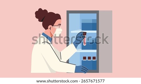 Female lab scientist retrieving a test sample from a laboratory refrigerator with proper safety gloves, mask, and lab coat, vector flat illustration