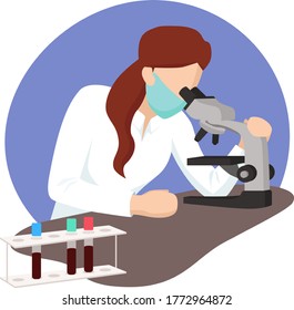 Técnico de laboratorio femenino mirando a través de un microscopio vector plano.