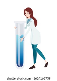 Female lab technician in white coat holding a giant test tube with blue liquid cartoon character design flat vector illustration